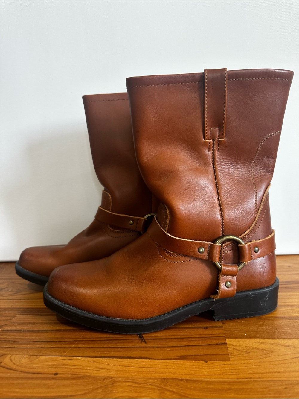 FRYE Harness Pull On Boots Brown Leather Square Toe 97202 Biker Moto Boys US 5